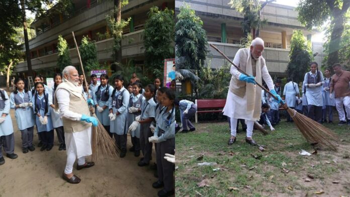 PM Modi : The tenth year of Swachhata program ,PM Modi takes part in a cleanup drive at a school